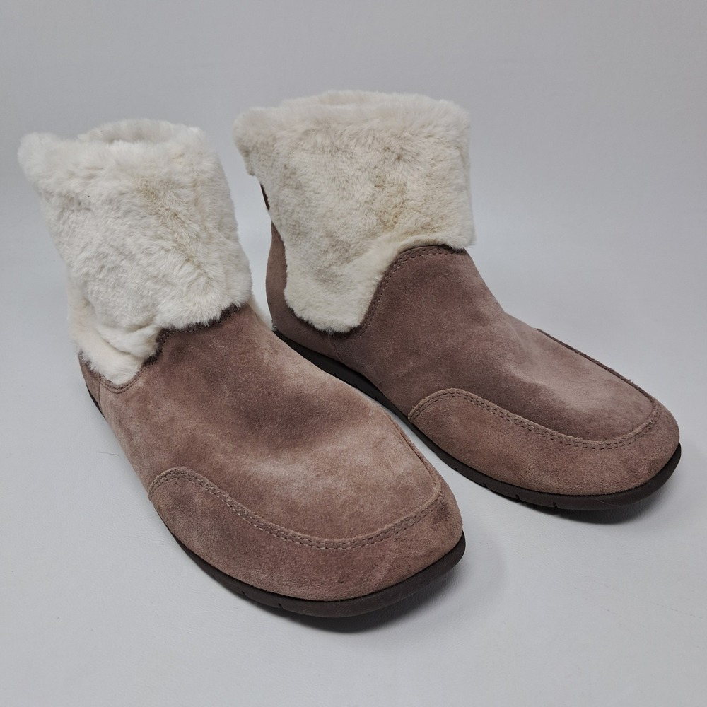 Vionic Womens 7 Maizie Taupe Suede Faux Fur Ankle Bootie Slipper Boot Orthotic